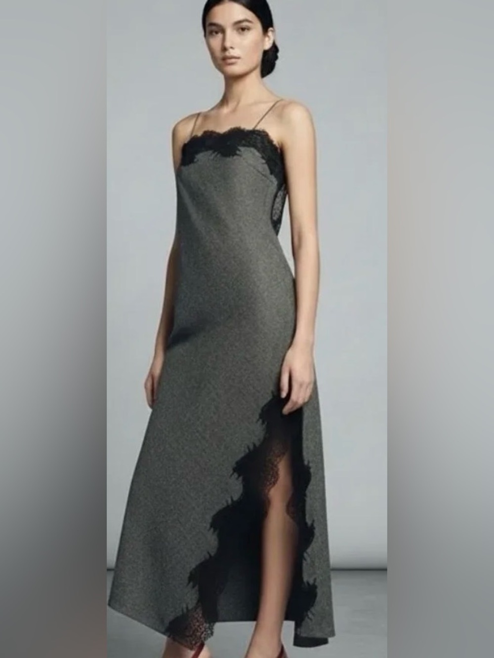 Zara Charcoal Slip Dress with Black Lace Trim